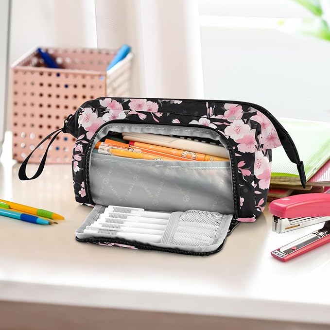 Black Cherry Blossom Pencil Case Pouch Big Capacity Pencil Bag Box Organizer Pen Case Pencil Pouch Aesthetic with Handle for Girls Boys Adults Women School Office