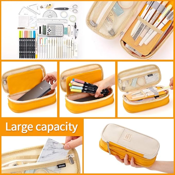 EASTHILL Big Capacity Pencil Pen Case Office College School Large Storage High Bag Pouch Holder Box Organizer Yellow Orange