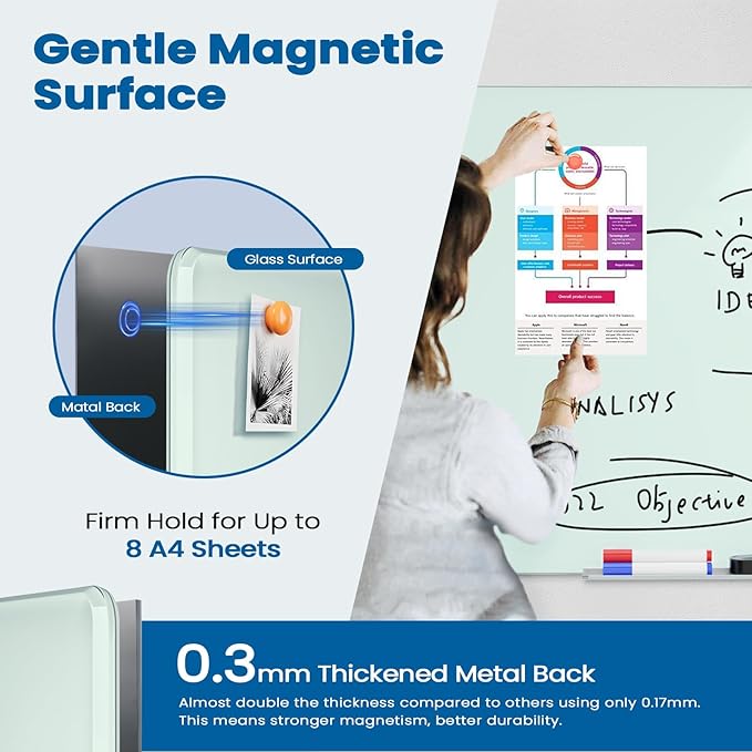 0.3mm Reinforced Metal Backing Glass White Board for Wall, 96" x 48" Extra Large Magnetic Tempered Glass Dry Erase Board with Frameless Design, 8' x 4' Glass Board for Home, Office, School