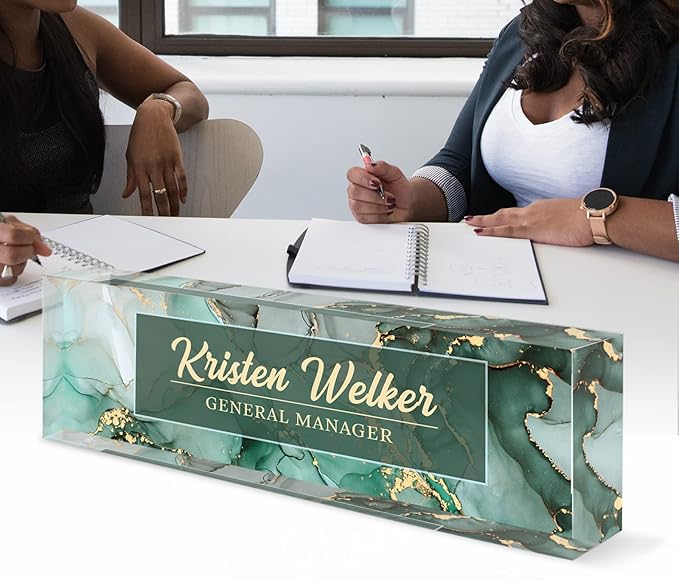 Custom Name Plate for Desk, Desk Name Plate Personalized, Office Decor for Women Men, Acrylic Desktop Accessories, Office Gifts for Coworkers Boss Teacher, Employee Appreciation Gifts (Green/Gold)