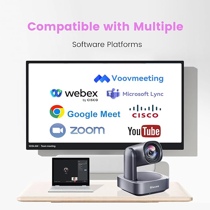 iuZee All-in-One PTZ 4K 12X Optical Zoom Video Conference Room Camera System with Bluetooth Speakerphone 2 Expansion Mics HDMI 78° Wide View Angle Lens Works with Zoom Webex for Large Meeting Room