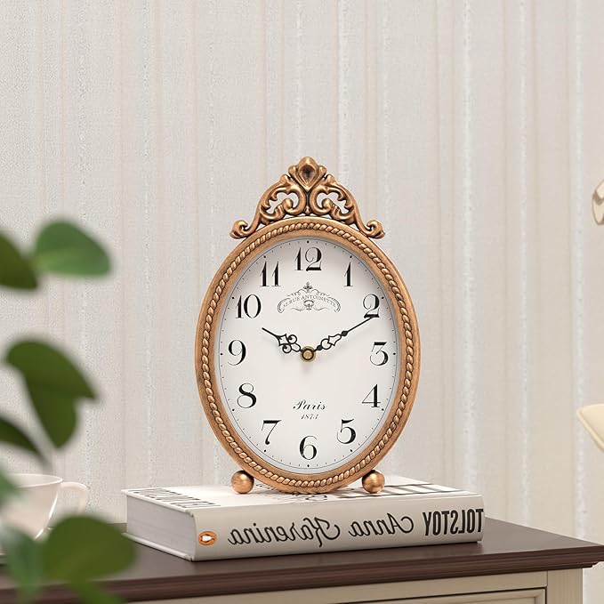 Abdurey Vintage Table Clock on Stand, Desk and Shelf Decorative Clock, French Rustic Style Antique Gold Mantel Clocks for Living Room,Farmhouse,Bedroom,Bedside,Gift Clocks