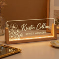 Personalized LED Name Plate for Desk, Light Up Acrylic Office Decor Desk Name Plate with Wooden Base, Custom Name Logo Quote, Appreciation Gifts for Boss Coworkers Employee Women Men (Bloom)