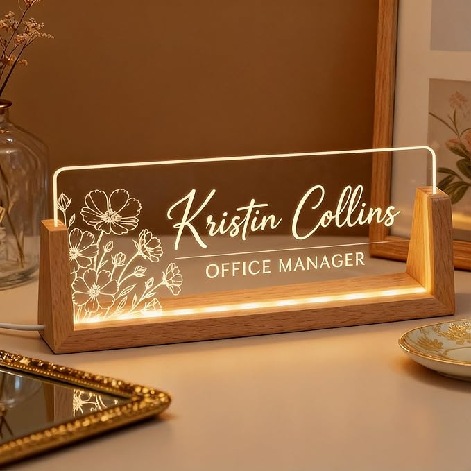 Personalized LED Name Plate for Desk, Light Up Acrylic Office Decor Desk Name Plate with Wooden Base, Custom Name Logo Quote, Appreciation Gifts for Boss Coworkers Employee Women Men (Bloom)