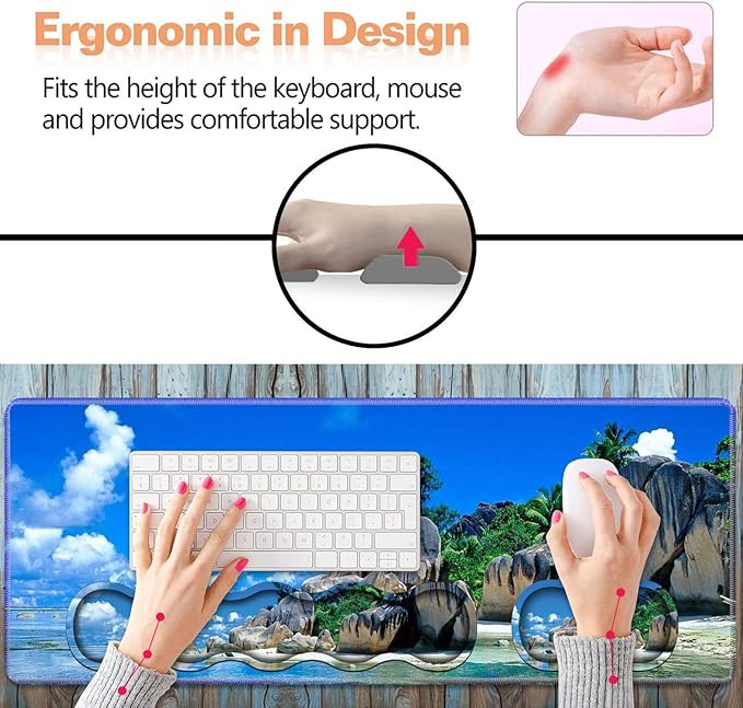 Ergonomic Keyboard Wrist Rest & Mouse Pad Wrist Rest Set, Large XXL Gaming Desk Mat 31.5"x 11.8",Non-Slip Base, Memory Foam,Easy Typing Pain Relief for Office & Home, Beaches Scene France Seychelles