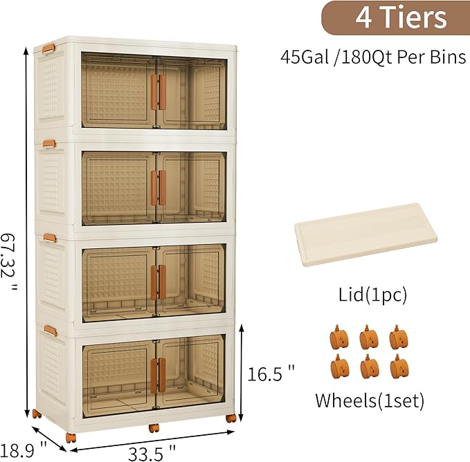 Plastic Stackable Storage Bins with Lids and Wheels, 720QT-180QT*4Tier Foldable Closet Organizers and Containers, Collapsible Clear Drawer Storage Cabinet with Doors Ivory White