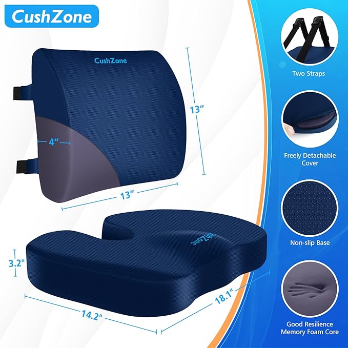 Seat Cushion, Lumbar Support Pillow with Adjustable Strap-Chair Cushions for Sciatica Pain Relief-with Washable Cover Memory Foam for Car, Travel and Wheelchair-Blue