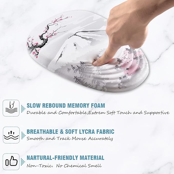 Ergonomic Mouse Pad with Wrist Support, Japanese Sakura Mouse Pad Wrist Rest Design and Non-Slip PU Base, Desktop Mousepads for Pain Relief, Desk, Computer, Office & Home, Fujiyama