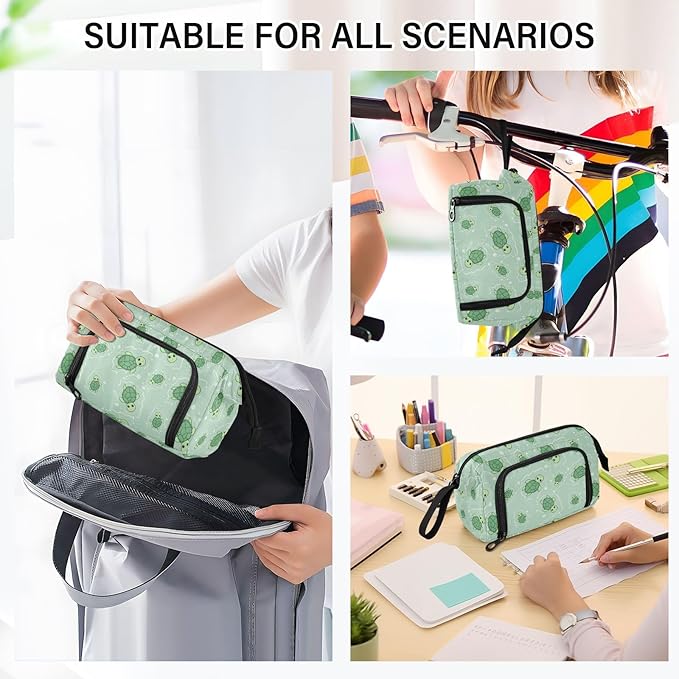 Cute Turtle Green Pencil Case Pouch Big Capacity Pencil Bag Box Organizer Pen Case with Handle Pencil Cases for Girls Boys Women School College Office