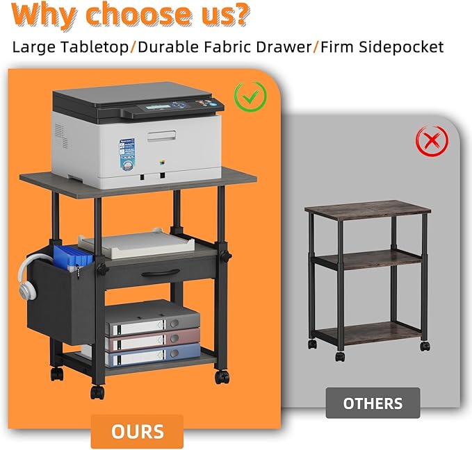 YAOHUOO 22"x15" Large Printer Stand with Drawer and-side Bag, Adjustable 3-Tier Printer Cart for Home Office, Rolling Printer Stand Fit Heat Press/Laser/3D Printer (Grey)