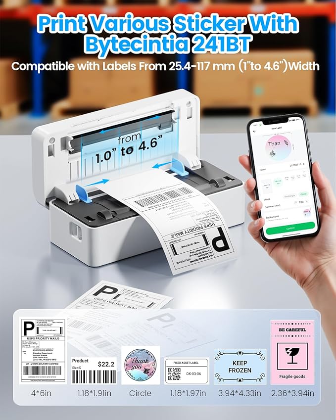 Bluetooth Thermal Shipping Label Printer, 4x6 Shipping Label Printer for Small Business, Support Android, iOS, Windows & Mac, Works with Amazon, Ebay, Shopify, Etsy