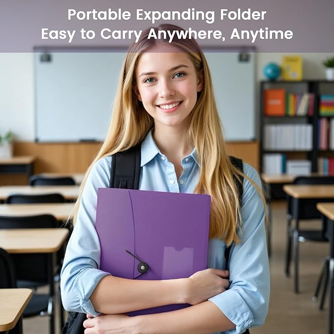 13 Pocket Accordion File Organizer with Elastic Closure, Expanding File Folder for Letter Size A4 Papers, Ideal for Home, Office Supplies, College Essentials - Purple