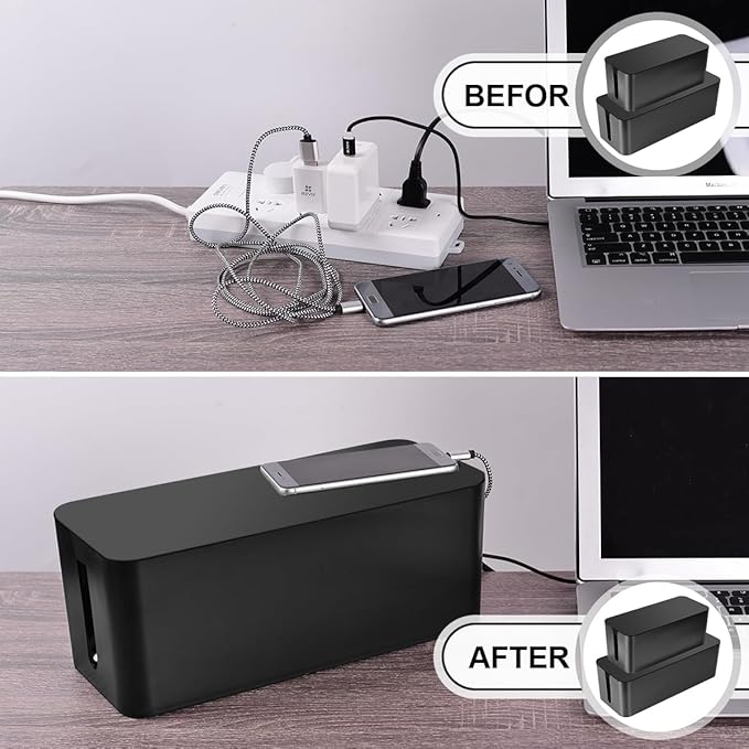 Cable Management Box, 2 Pack Large & Medium Cable Organizer Box with 17 PCS Cable Management Set, Cord Organizer Box to Hide Surge Protector on Desk or Floor (Black)