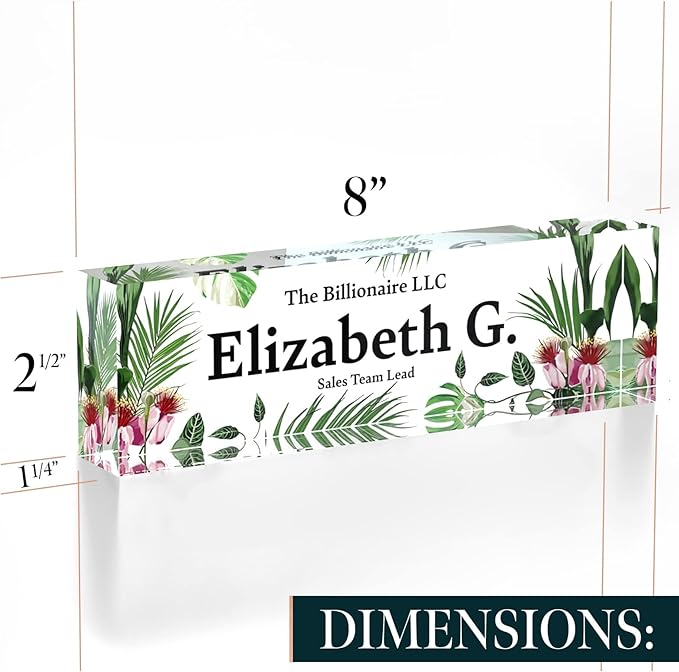 Desk Name Plate Personalized, Custom Name Plates 2½/x8 Inches, Thick Crystal-Clear Acrylic, Gift Box, Office Desk Decor. USA Made by ACRYLUXE (Garden)
