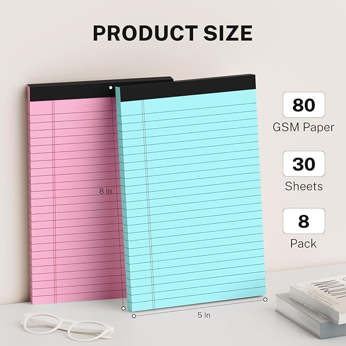 8 Pack Note Pads 5 x 8 Inch, Colored Narrow Ruled Small Legal Pads, Perforated Notepad 5 x 8 Lined Writing Pads, College Lined Legal Notepads for To-do Lists, Daily Note-taking, School and Office