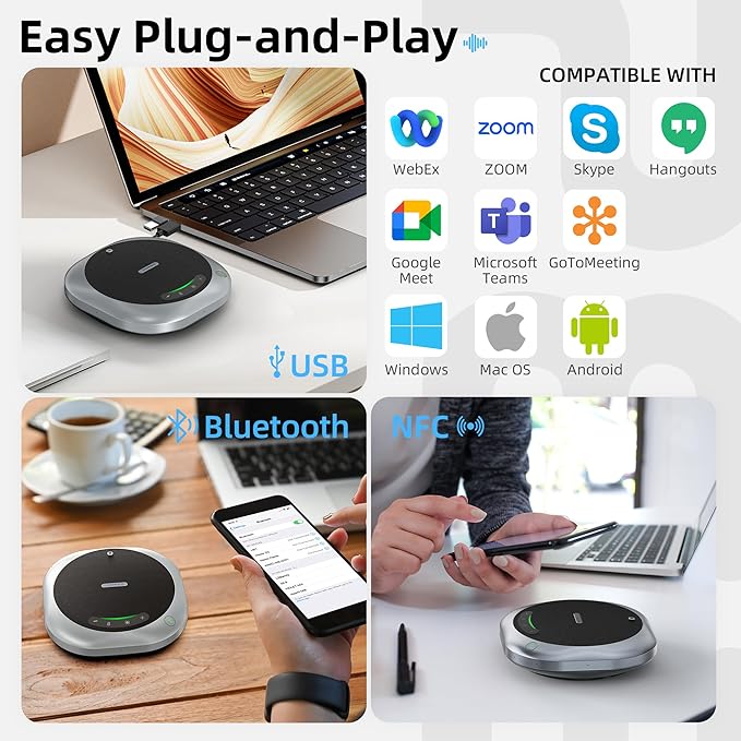 AISPEECH Bluetooth Conference Speakerphone M6 Conference Microphone with AI Noise Reduction AI Transcription Full-Duplex 360° Omnidirectional Voice Pickup USB Speaker for Teams Zoom Home Office, Black