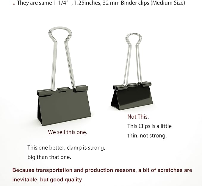 Nctinystore Binder Clips Medium Metal Clamp 1.25 inch / 32 mm (Black, 12-PCS)