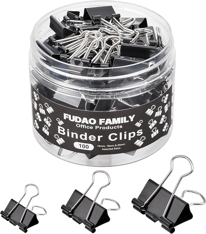 100pcs Binder Clips Assorted Sizes, Black Paper Clamps, Medium, Small, Mini 3 Sizes with Box for Office, School and Home