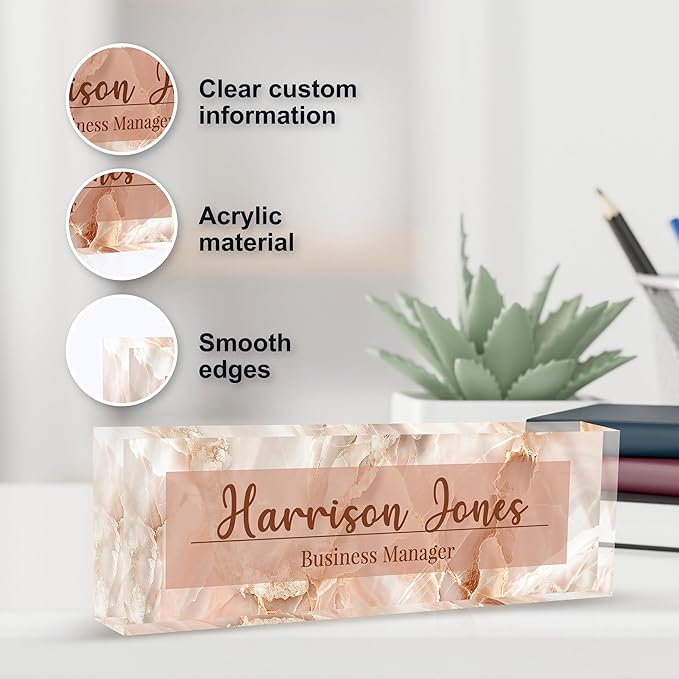 Personalized Name Plate for Desk, Custom Desk Name Plate, Acrylic Name Plate Office Desk Accessories, Personalized Office Gifts for Coworkers Teachers, Employee Appreciation Gifts (B-Pink Flowing)