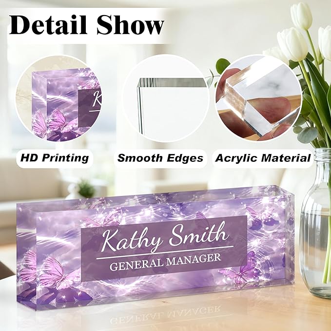 Ship Next Day-Custom Name Plate for Desk, Desk Name Plate Personalized, Acrylic Office Desk Accessories, Appreciation Gifts for Coworkers Employee Teachers Boss Women Men (Purple Butterfly)