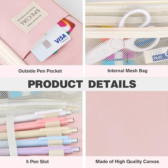 Large Capacity Pencil Case with Zipper, Aesthetic Pencil Pouch, Portable Stationery Organizer Bag for Teen and Adults, Big Pencil Bag for College, Office, Travel - Pink