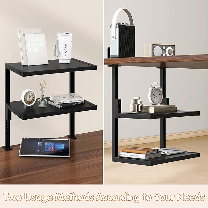 IBUYKE Clamp on Desk Organizer Shelf,12.9 inches Desk Extender Shelves, Above or Below Desk 2-Tier Adjustable Storage Shelves for Desktop Accessories,Black,TMZ007B