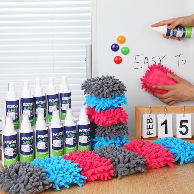 24 Pcs Whiteboard Cleaner Set 12 Pcs 3. 4 Fl oz Whiteboard Cleaner Spray with 12 Pcs Microfiber Shag Dry Erase Eraser for Markers Chalk Glass Classroom, Home and Office Use