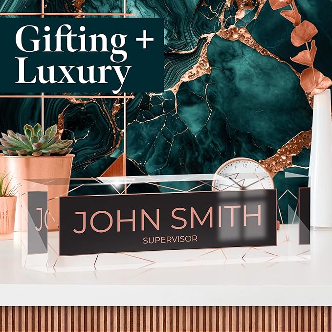 Desk Name Plate Personalized, Custom Name Plates 2½/x8 Inches, Thick Crystal-Clear Acrylic, Gift Box, Office Desk Decor. USA Made by ACRYLUXE (Acry)