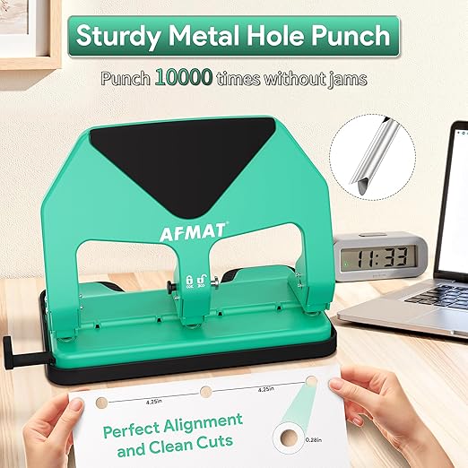 AFMAT Heavy Duty 3 Hole Punch, 50-Sheet Capacity, 50% Reduced Effort Three Hole Puncher for Binder, 10K+ Uses, Large Chip Tray, Adjustable Paper Guide, Office Metal Paper Puncher 3 Ring HP20(Green)