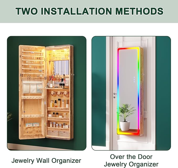 HNEBC LED Mirror Jewelry Cabinet with RGB Lights,47.2" Wall Mounted Jewelry Organizer with Full-Length Mirror,Over The Door Hanging Jewelry Armoire Storage Cabinet,Folding Dresser,2 Drawers,Lockable
