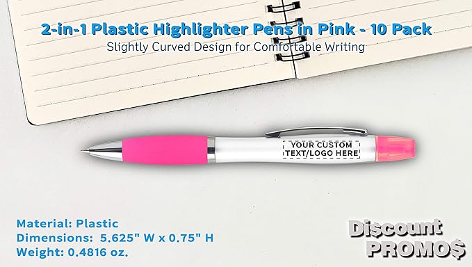 DISCOUNT PROMOS Personalized Plastic Highlighter Pens - 10 pack - Customizable Text, Logo - Pink