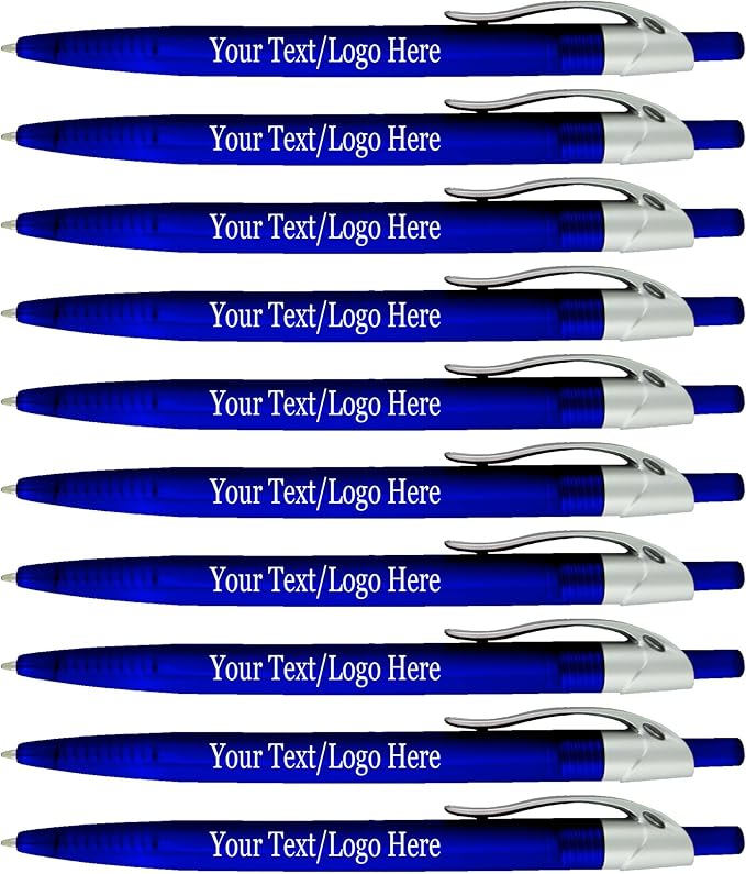 SyPen Personalized Pens With your Custom Logo or Text-500 Pack Bulk-for Businesses, Parties, and Events, Custom Printed Ballpoint Click Pens, Translucent Barrel, Blue Pen, Black Ink