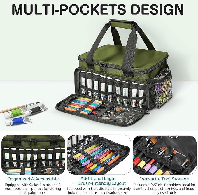 ORKELS Paint and Marker Organizer, Acrylic Paint Storage Bag with Brush and Bottle Holders, Large Marker Carrying Case for Artists, Up to 216 markers or 54 bottles of 2oz acrylic paint (Green)