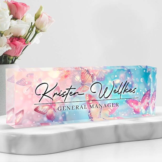 Personalized Name Plate for Desk Custom Acrylic Desk Name Plate Custom Employee Appreciation Gifts Office Gifts for Women, Men, Boss, Coworkers, Teacher, Nurse (Pink-Blue Butterfly)
