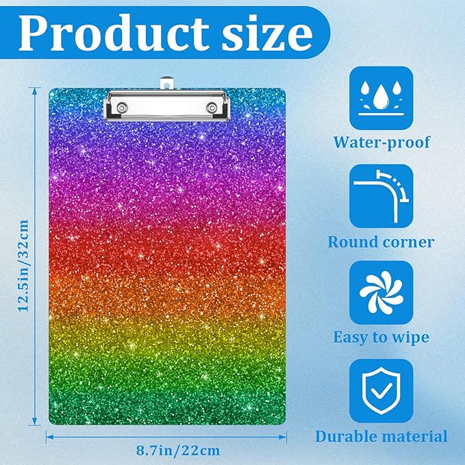 Rainbow Glitter Clipboard Decorative Clip Board with Metal Clip A4 Standard Size 12.5" X 8.7" for Teacher Students Nurses Office