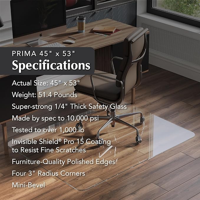 Vitrazza Glass Chair Mat 45” x 53” Superior ¼ Thick, Chiaro Standard Clear, Certified Tempered Safety Glass, Delivers a Smooth Glide, Protects Carpet or Wood, Beautiful in Home or Office
