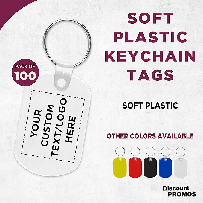 DISCOUNT PROMOS Tag Soft Plastic Keychains - 100 pack - Customizable Text, Logo - Small Key Tag Chain For Staying Organized - Rubber Key Ring Keychain – Clear