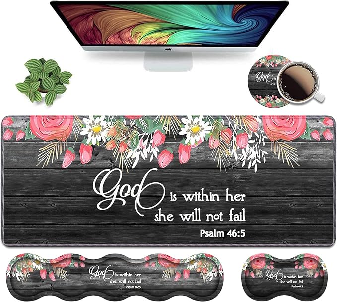 Ergonomic Keyboard Wrist Rest & Mouse Pad Wrist Rest Set,Large XXL Gaming Desk Mat 31.5"x 11.8",Non-Slip Base, Memory Foam,Easy Typing Pain Relief for Office & Home,Floral Quote Bible Verse Psalm 46:5