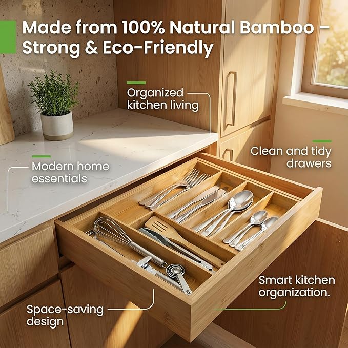 Culinary Edge Expandable Bamboo Drawer Organizer, Adjustable 6-Slot Cutlery Tray for Silverware & Kitchen Utensils, Natural Bamboo Drawer Divider for Flatware and Gadget Storage
