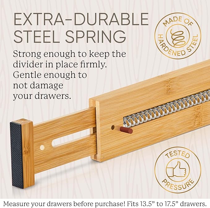 Night Tree Expandable Bamboo Drawer Dividers – Spring-Loaded Wooden Organizers for Clothes, Kitchen Utensils, Bathroom, and Dresser Drawers (13.5" to 17.5")