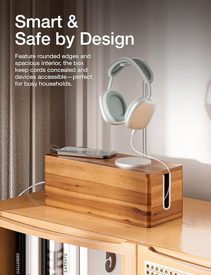 Acacia Large Cable Management Box - Set of 2 Cord Box Hider for Home, Office - Cable Hider Box, Surge Protector Box for TV Wires, Computer - Power Strip Box with 2 Open Slots, Magnetic Lid