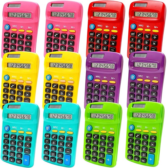 12 Pack Pocket Calculator Bulk: 8 Digit Hand Held Basic Calculator Small Solar Battery Dual Power Mini Calculators for Classroom Students Desktop School Home Office (Multicolor, 12 Pcs)