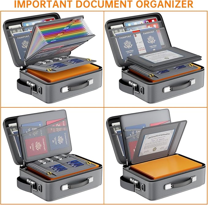 DocSafe Fireproof Document Box with Lock, Hard Case File Organizer with Accordion File Folder, Fireproof Water Resistant Safe Box Home Office Travel Storage for Important Documents Laptop Gray