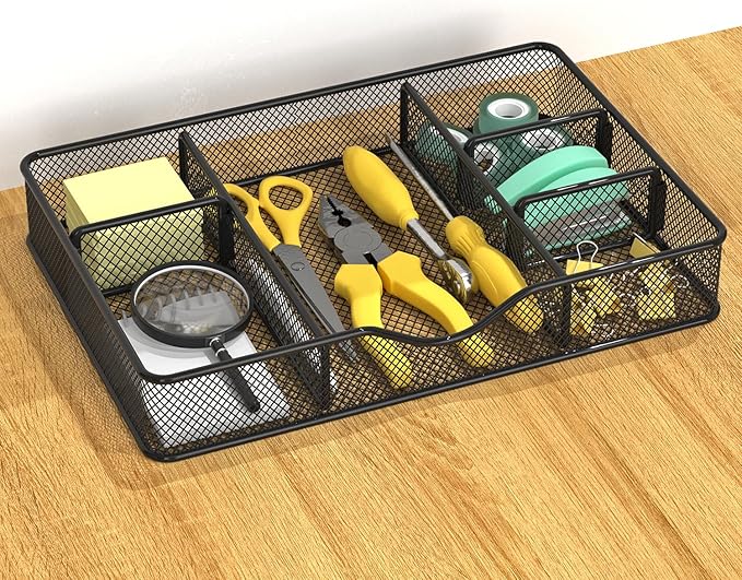 Desk Drawer Organizer Tray, Metal Mesh Drawer Organizers Office, 6 Adjustable Compartment, Desk Organizer Tray for Home Office 12.87L x 8.73D x 1.96H inch, Black, 1PC Medium