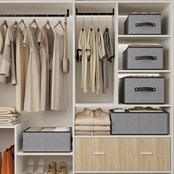 Clothing Storage Bins, 16.1 × 9.8 × 6.5 Inch Storage Cubes with Handles, Foldable Closet Organizers, Gray, Large, 6-Pack