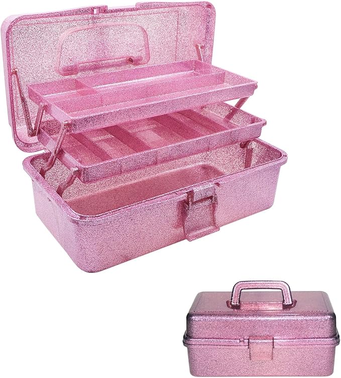 12.2inch 3-Layer Art & Craft Tool Storage Box, Beautiful Sewing Supplies Organizer, Plastic Portable Fishing Tackle Boxes, for Art Supply, Makeup, Hair Accessories, Painting Tools (Pink)