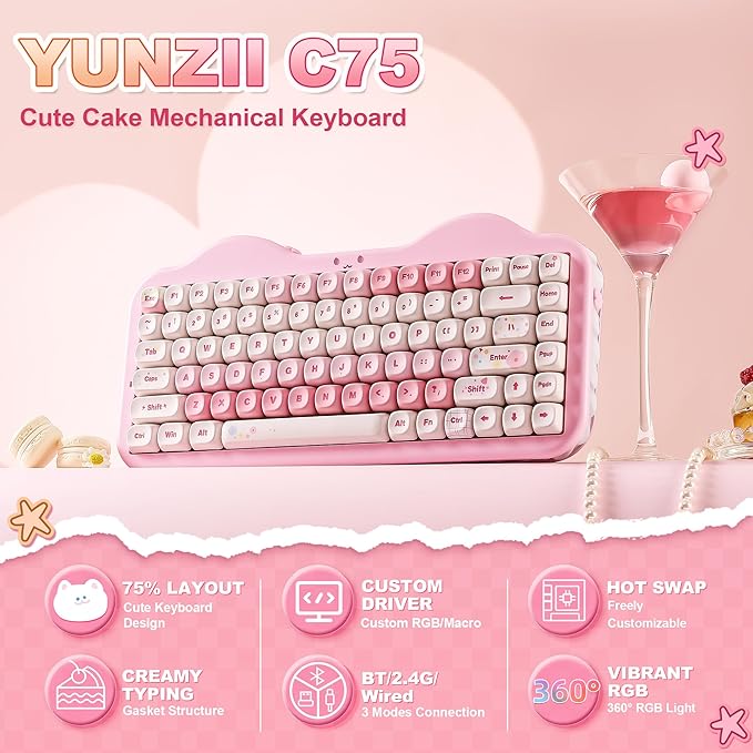 YUNZII C75 Wireless Mechanical Keyboard,75% Layout, Hot-Swappable NKRO,BT5.0/2.4G/USB-C Mode,Dye-Sub PBT MOA Keycaps,RGB Gasket Mount,Cute Cake Design for Mac/Win/Gaming (Pink, Milk V2 Switch)