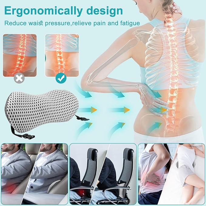 Lumbar Support Pillow with Bandage, Memory Foam pad for Relieving Lower Back Pain, and Back Support pad for Easy Fixation on Office Chair, car, Bed and Other Articles Back Pillow Gray