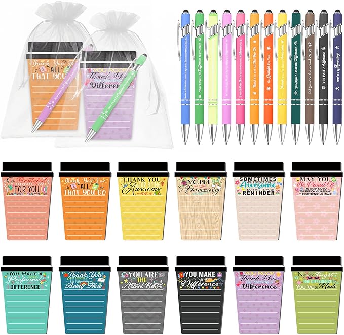 12 Sets Employee Appreciation Gifts Bulk Coffee Cup Sticky Notes with Inspirational Pens, Funny Notepads Motivational Ballpoint Pen Christmas Gifts for Coworker Teacher Nurse Office Supplies