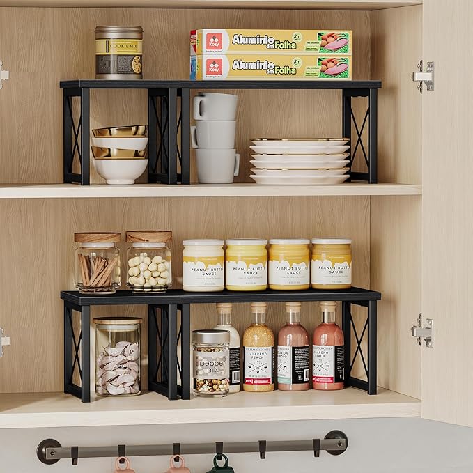 Honiter 2 Sets Desk Shelf, Desktop Organizer Shelf, Freestanding Small Bookshelf Desk Organizer, 2 Tier Independent Stackable Desktop Shelves, Desktop Office Storage Rack Display Shelf, Black